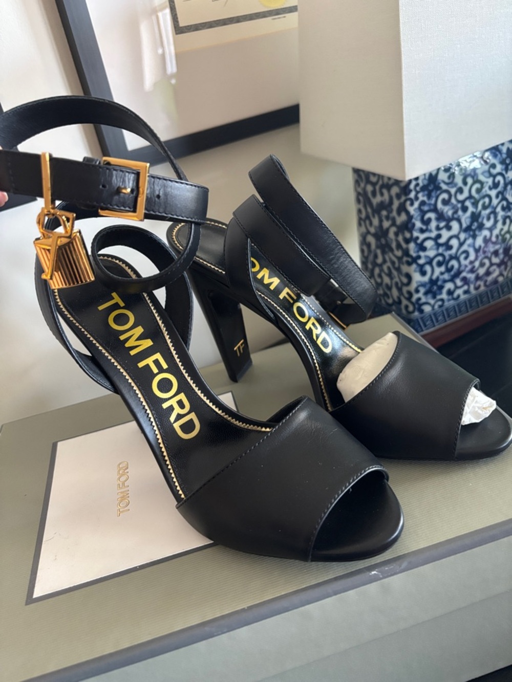 Tom Ford Black Leather Gold-Buckle Open-Toe Strap Heels